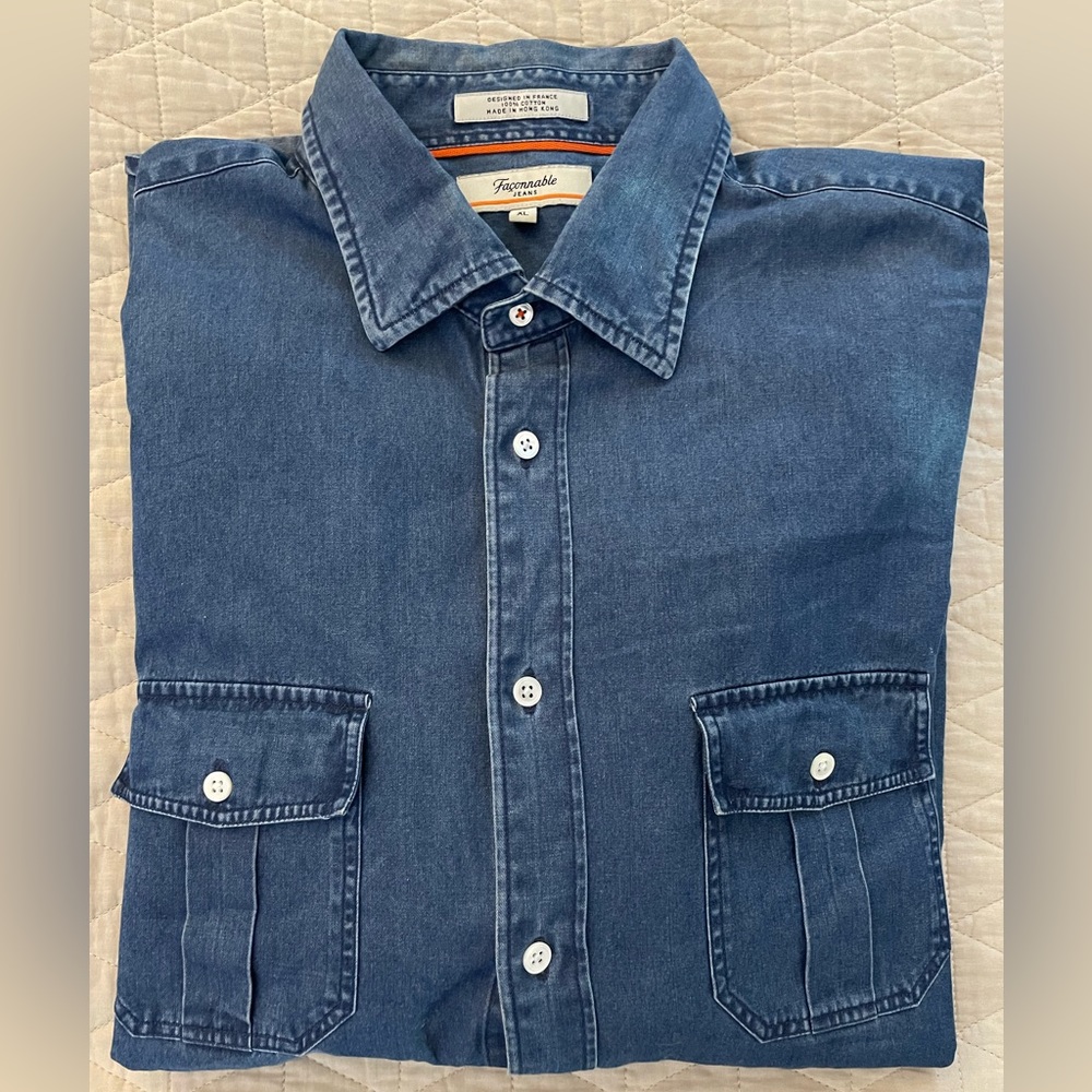 Faconnable Vintage Soft Denim Patch Pocket Field Shirt in Blue Size XL - Picture 1 of 6